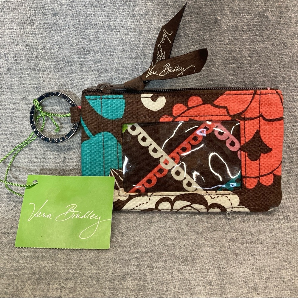 NWT Vera Bradley Zip ID Case Lola Coin Card Pouch Keychain Wallet Floral Brown